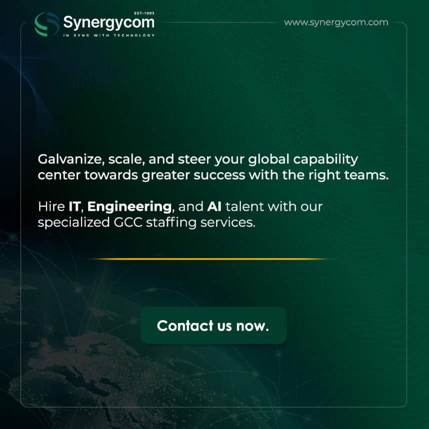 Synergycom offers staffing services for any number of niche IT, Engineering, and AI roles across functions and industries. Ready to hire future-ready teams for your future-ready global capability center? Contact us now at sales@synergycom.com. #India #Hyderabad #Business #GCC