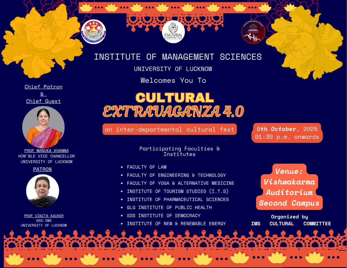 IMS Welcomes you to Cultural Extravaganza 4.0 ⁦<a href="/KhannaManuka/">Prof.Manuka Khanna, University of Lucknow</a>⁩ ⁦<a href="/ippr_lkouniv/">IPPR, University of Lucknow</a>⁩ ⁦<a href="/dswlkouniv/">Dean Students’ Welfare, UoL</a>⁩ ⁦<a href="/lkouniv/">University of Lucknow</a>⁩ ⁦<a href="/DeanacademicsL/">Dean Academics, UoL</a>⁩ ⁦<a href="/VK100victory/">Professor Vinita Kacher , Law Faculty, LU</a>⁩