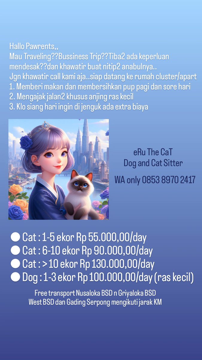 CathKYU_'s tweet image. #pawrent area #bsd #gadingserpong yang mau bepergian atau lagi ribet,,call me aja  siap berkunjung ke rumah pawrent...

#pethotel #petsitter #catsitter #dogsitter #homepetcare #prasmul #atmajayabsd