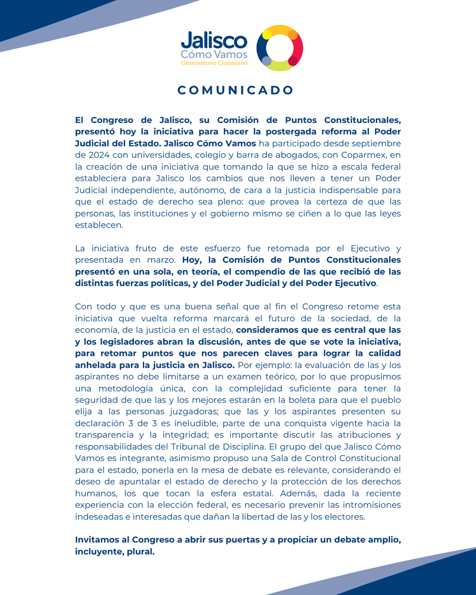 jaliscomovamos's tweet photo. La justicia que queremos en Jalisco se construye con diálogo y participación.

El Congreso presentó la iniciativa para reformar el Poder Judicial del Estado, y desde Jalisco Cómo Vamos pedimos que el debate sea abierto y plural.👇 https://t.co/4uKASDPmXy