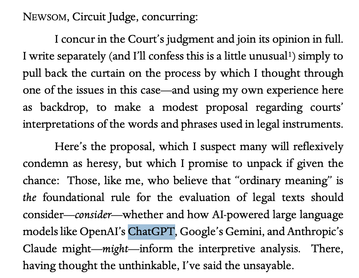 I somehow missed that a well-respected federal judge used ChatGPT to interpret the meaning of a key term in a lawsuit

(Fwiw, I think the LLM canon makes sense: LLMs are a very good way to understand both statistically and substantively how words are used)