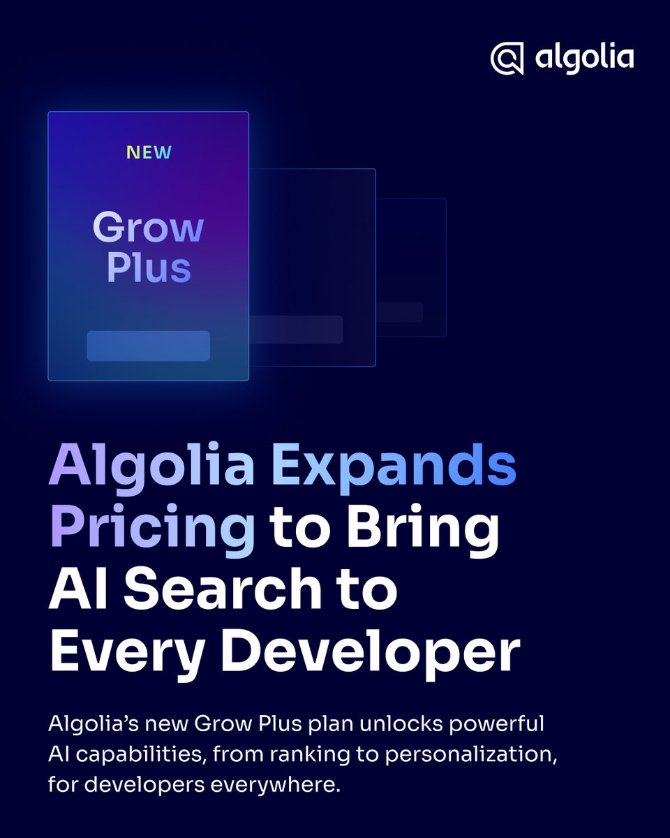 algolia's tweet image. 🤖🔎✨ The power of #AISearch is now in every developer’s hands! 👏
We’ve launched new pricing plans including ⭐Grow Plus⭐ to make Algolia’s AI-powered search accessible to all.
Build smarter. Personalize faster. Innovate freely.
🗞️ Read more: bit.ly/436ca0u
