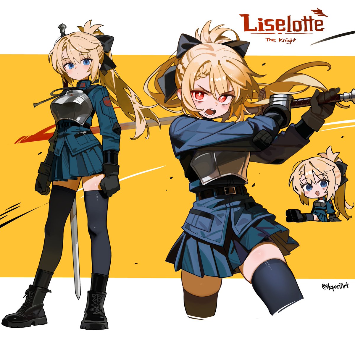 Liselotte the Knight 💮
◆ Lise wields a greatsword named Cloudripper. ◆ Her eyes turn red when her power sigil is engaged. ◆ She wears a black spandex short shorts under her skirt.
#PrincessBlitz
RT if you wanna see more of her 😁