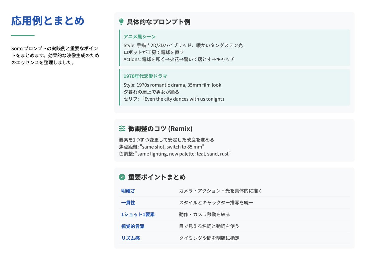 kentohonjo's tweet photo. OpenAIが公開した「Sora2」のプロンプトガイドをスライドにまとめました https://t.co/nzKa6d00vH