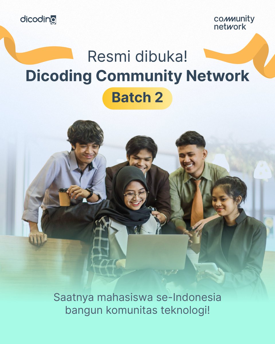 dicoding's tweet image. Dicoding Community Network Batch 2 resmi dibuka untuk mahasiswa seluruh Indonesia 🚀

Program ini buat kamu, mahasiswa yang mau bangun komunitas teknologi di kampus.

#DicodingThread