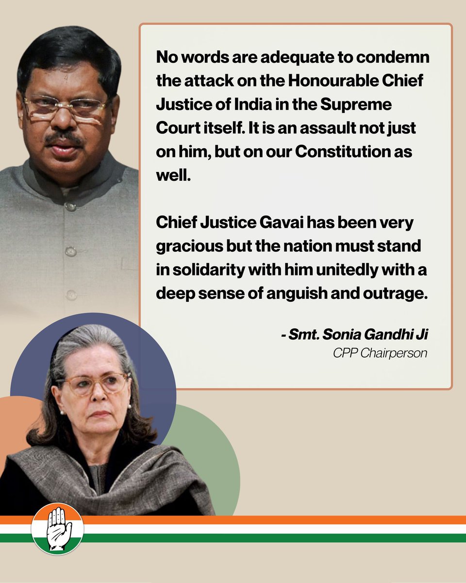 Statement of Smt. Sonia Gandhi, Chairperson CPP

​No words are adequate to condemn the attack on the Honourable Chief Justice of India in the Supreme Court itself. It is an assault not just on him, but on our Constitution as well.
 
#BRGavai #SupremeCourt #rahulbal