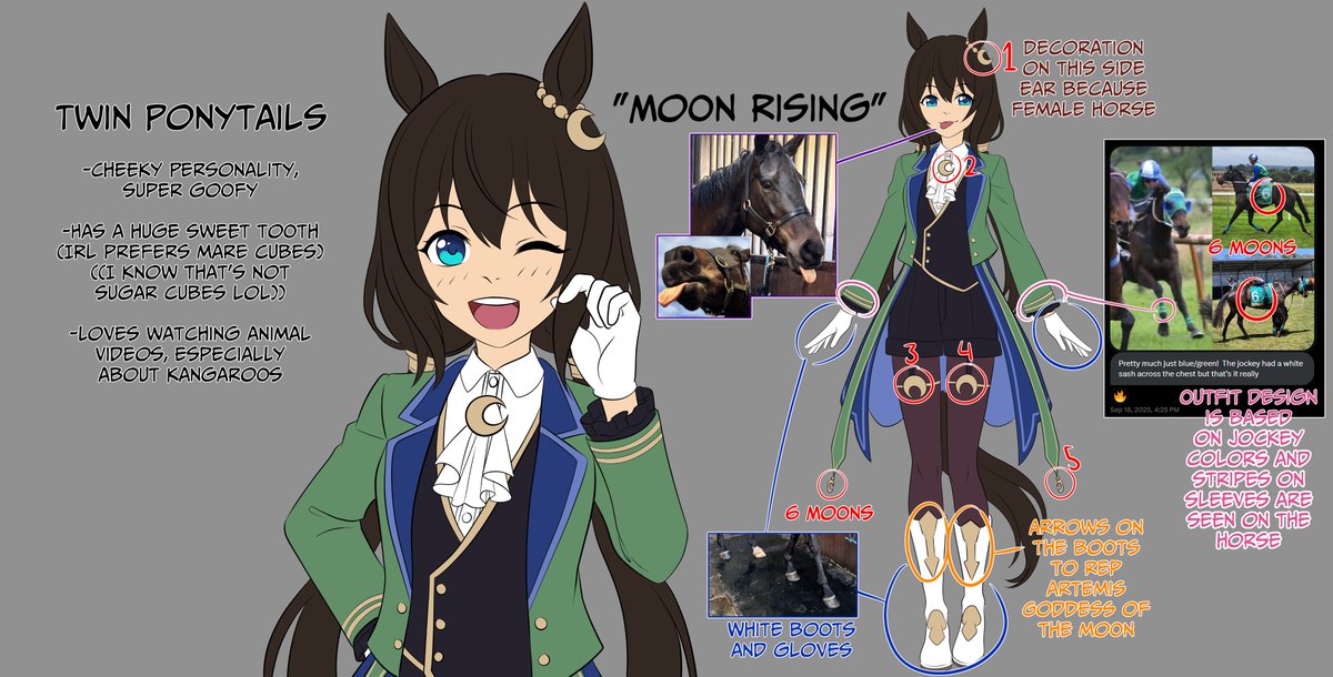 MonMon | モンモン (@monmonachopsis) on Twitter photo Lunar would be a MENACE at Tracen Academy
--
I got the privilege of an opportunity to create an Uma Musume design for one of my favorite horses on Twitter, the very beautiful <a href="/lunarmoonrising/">horse guy 🐴</a> !
Please check out the design and breakdown of all the details! Lunar would be a MENACE at Tracen Academy
--
I got the privilege of an opportunity to create an Uma Musume design for one of my favorite horses on Twitter, the very beautiful <a href="/lunarmoonrising/">horse guy 🐴</a> !
Please check out the design and breakdown of all the details!