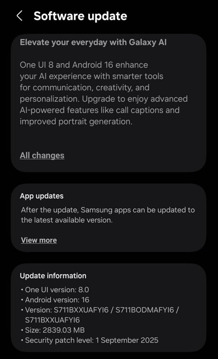 TechActivist666's tweet image. Samsung Galaxy S23 FE gets Android 16 based OneUI 8.0 Stable Update

🔥Available : INDIA 🇮🇳 🇮🇳 🇮🇳

• Version : S711BXXUAFYI6
• Size : 2839.03 MB
• SPL : 1 September 2025

#OneUI8
#Android16
#GalaxyS23FE