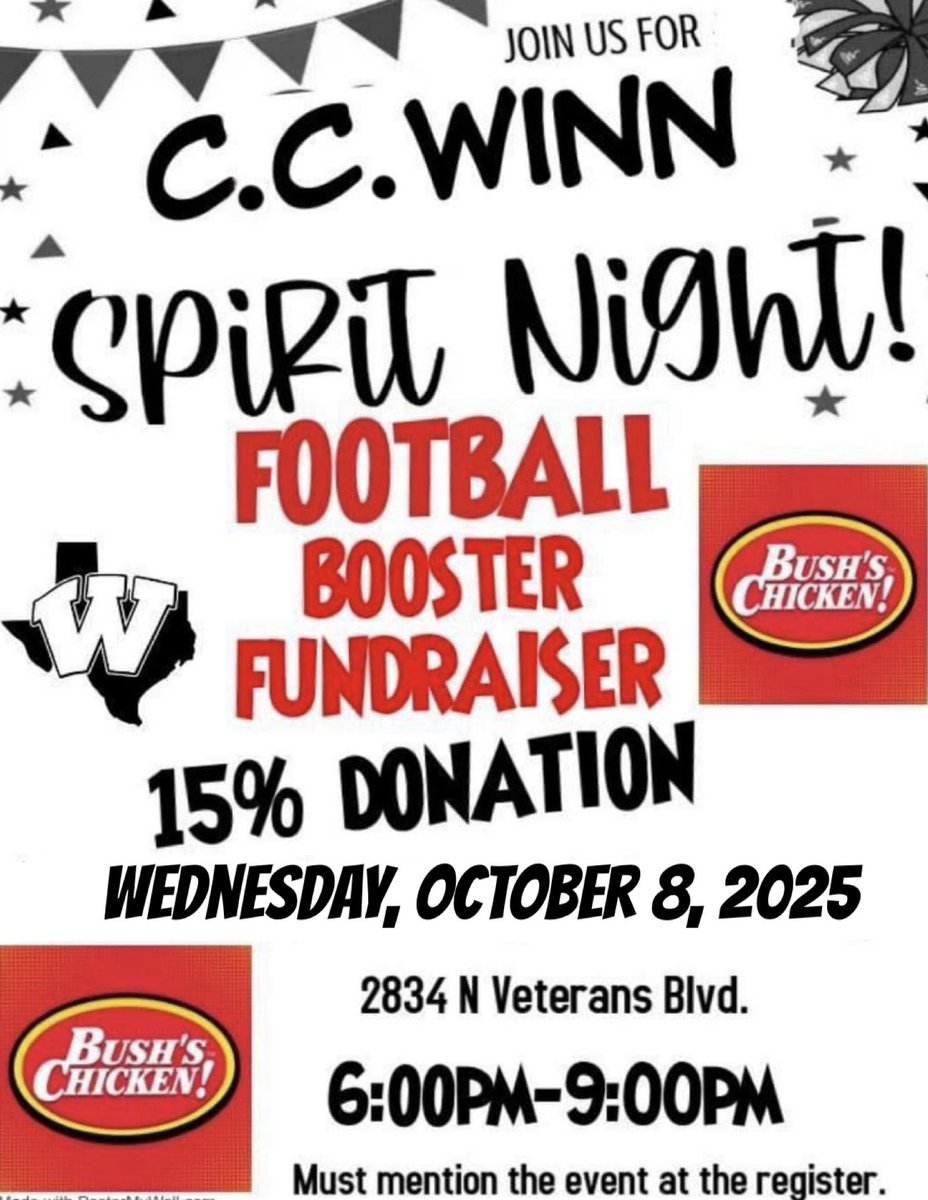 Winn_Football's tweet image. Join us for a good food and even better company! 

Come support your Mavericks at Bush’s Chicken Spirit Night on October 8th @ 6 pm! Thank you all in advance, #MaverickNation! 

🖤🤙🏼🐃🏈🫱🏻‍🫲🏽🩶