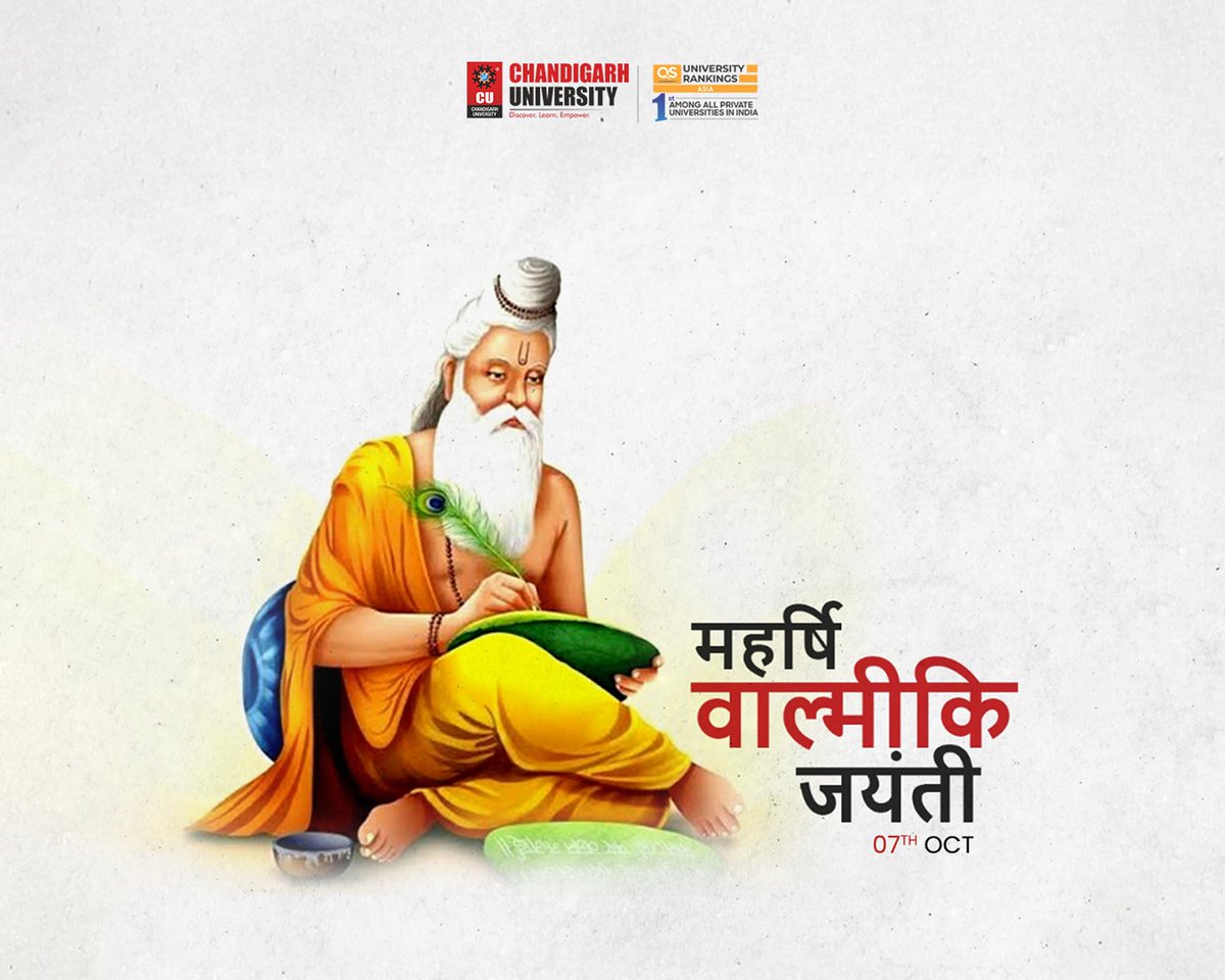 Chandigarh_uni's tweet image. यथा शिक्षिता मनुष्यः, तथा वै भवति। |
Honoring the Sage of Wisdom: Maharishi Valmiki Jayanti

At Chandigarh University, we celebrate the timeless wisdom of Maharishi Valmiki, the author of the epic #Ramayana, whose teachings of virtue, courage, and knowledge continue to inspire…