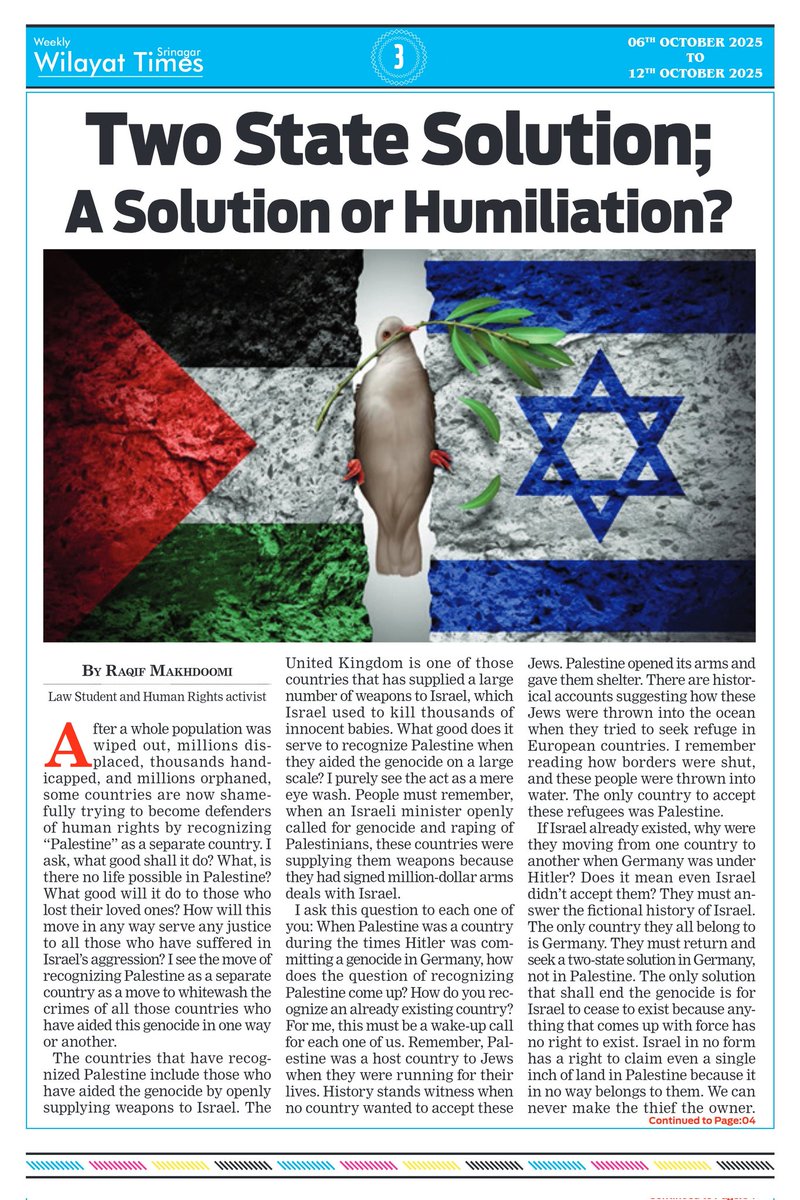 TimesWilayat's tweet photo. By Faqif Makhdoomi:
Two State Solution: A Solution of Humiliation.
#wilayattimes #Diprjk #ولایت_ٹائمز https://t.co/SPj6nG46LF