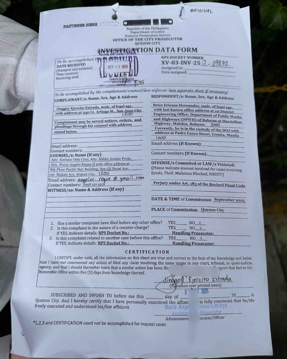 JINGGOY VS. BRICE

LOOK: Senator Jinggoy Estrada has lodged a perjury complaint against former DPWH-Bulacan engineer Brice Hernandez, accusing him of fabricating allegations that the senator received kickbacks from flood control projects.

Filed before the Quezon City Office of