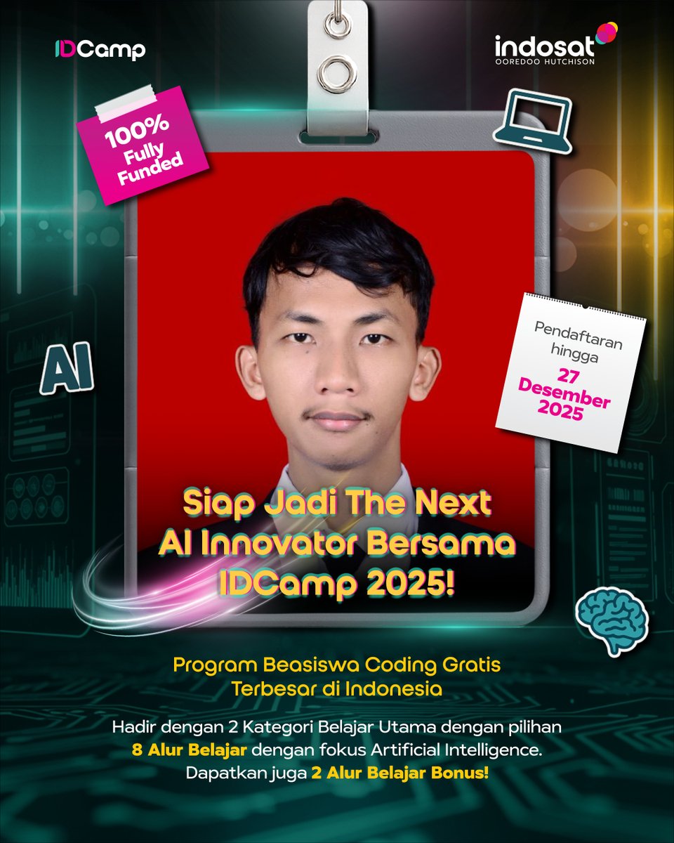 __egi_ptr__'s tweet image. Gass ikut IDCamp 2025!🔥
Saatnya belajar AI dari dasar lewat beasiswa digital dari Indosat Ooredoo Hutchison x Dicoding. Daftar di 👉 idcamp.ioh.co.id/login?referrer…
#IDCamp2025 #BelajarAI #Dicoding