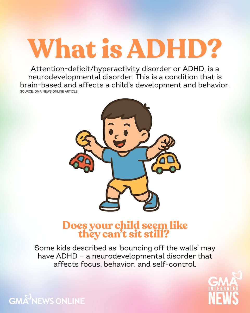 gmanews's tweet photo. Have you seen kids who are described as bouncing off the walls or what others would describe as "parang nakaupo sa kalan?" They just might have ADHD.

This ADHD Awareness Month, let’s learn more about the condition and how early understanding can make a difference.

READ MORE: https://t.co/VrhdNvSKdN

(1/2)