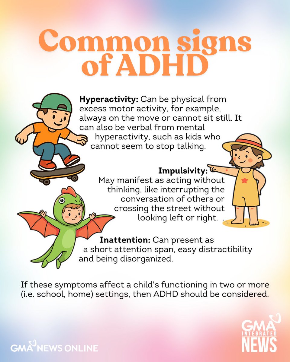 gmanews's tweet photo. Have you seen kids who are described as bouncing off the walls or what others would describe as "parang nakaupo sa kalan?" They just might have ADHD.

This ADHD Awareness Month, let’s learn more about the condition and how early understanding can make a difference.

READ MORE: https://t.co/VrhdNvSKdN

(1/2)