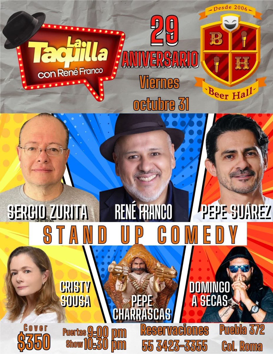 ¡Gracias a <a href="/Toposo/">Karlita González.</a> tenemos un link en la foto!

Nos vemos este 31 de octubre en <a href="/BeerHallMx/">Beer Hall</a> para celebrar los 29 años de <a href="/La_Taquilla/">La Taquilla con René Franco</a>. 

Con <a href="/pepesuarezactor/">PEPE SUÁREZ</a> y <a href="/szurita/">Sergio Zurita 🇮🇱🇺🇦🇲🇽</a>. ¡Fans los quiero ver ya comprando sus boletos aquí. 👉🏻 boletos.redaccess.com/artes-escenica…

¡Allá nos vemos!