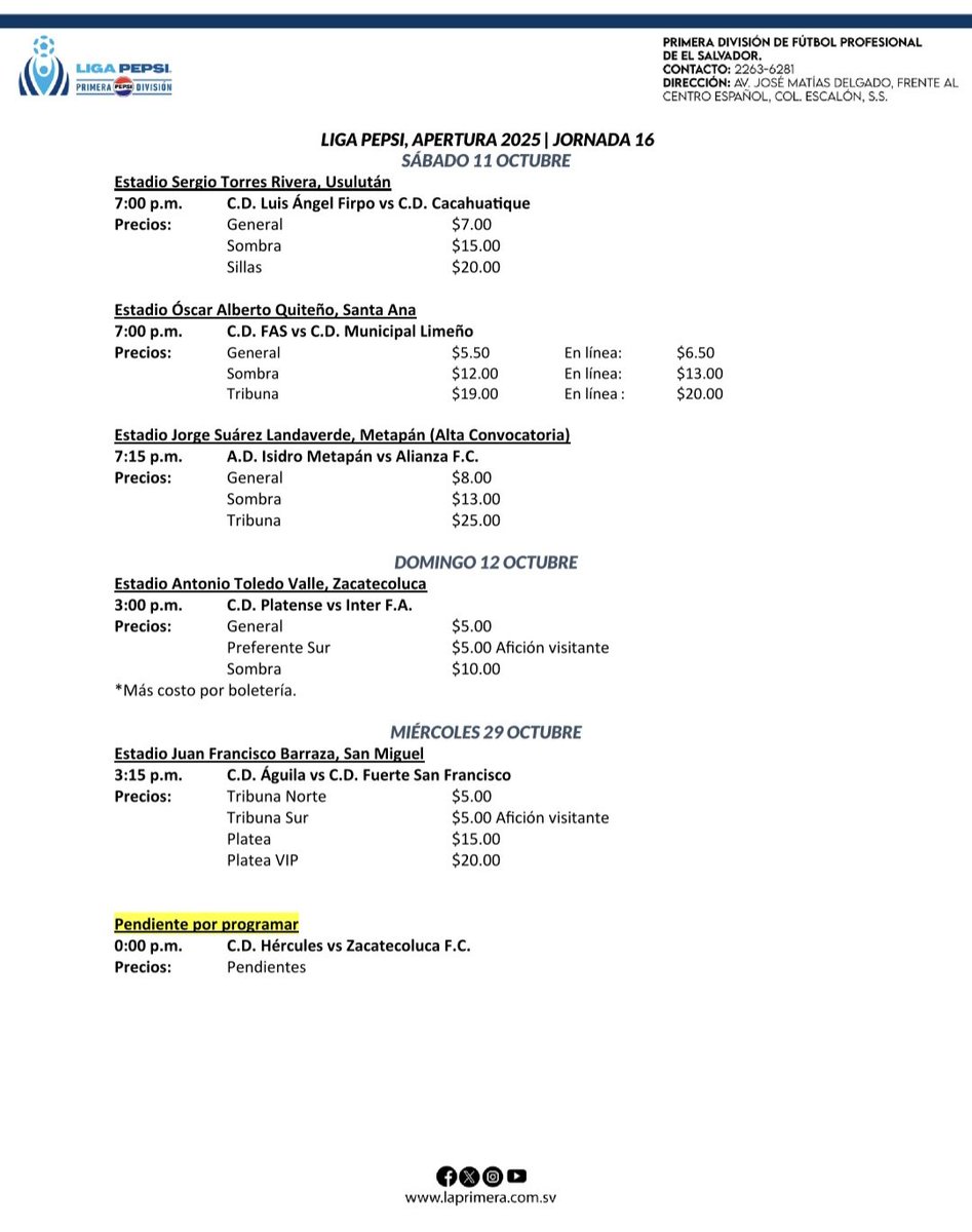 🏟🇸🇻⚽️ #Fútbol #PrimeraDivisión 

Lista la #J16 de la #LMF:

⬇️