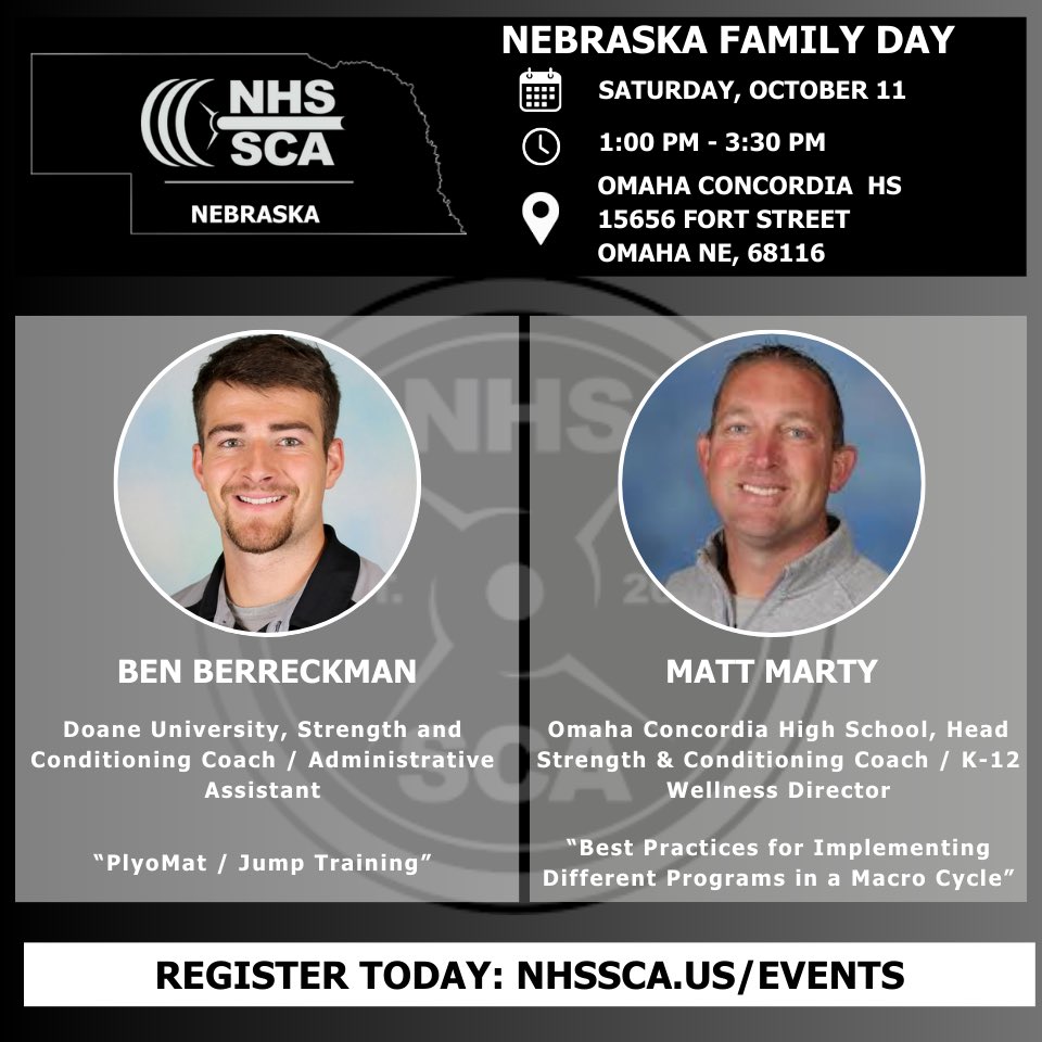 Nebraska Strength Coaches Organization (@nebstrength) on Twitter photo 🚨🚨🚨CLINIC WEEK🚨🚨🚨
Remember to get signed up and attend our <a href="/nhssca_us/">Official NHSSCA</a> #FamilyDay event this upcoming Saturday! Two amazing presenters ready to drop some knowledge 💣’s!! 
Sign up 👉🏼 nhssca.us/event/2025-neb… 🚨🚨🚨CLINIC WEEK🚨🚨🚨
Remember to get signed up and attend our <a href="/nhssca_us/">Official NHSSCA</a> #FamilyDay event this upcoming Saturday! Two amazing presenters ready to drop some knowledge 💣’s!! 
Sign up 👉🏼 nhssca.us/event/2025-neb…