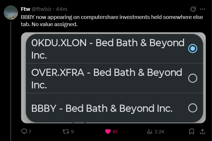 UCopy417's tweet image. $BBBYQ #BBBYQ Great find, @ftwbiz! First ticker looks like DK-Butterfly share and second one is Overstock share. They seem all spinned off shares. Now all these 3 companies&apos; shares are split and it will merger together and create a new shares which lead to short squeeze event in…