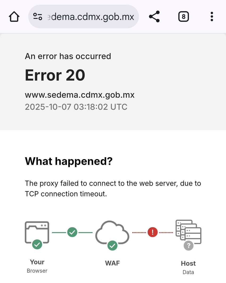 ⛔️ | Caen sitios del gobierno de CDMX

No solo está inaccesible el sitio de Llave CDMX. Parece que hay una falla en la infraestructura central.

Al menos lo he detectado en Sedeco, Sedema, Llave CDMX y... el C5 que le encanta decir que «todo está bien».

Así las cosas...
