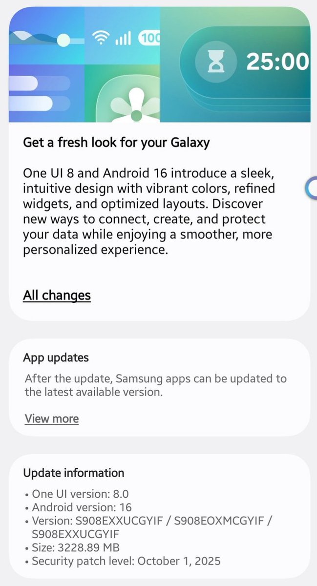 TechActivist666's tweet image. Samsung Galaxy S22 Ultra gets Android 16 based OneUI 8.0 Stable Update 

🔥Available : INDIA 🇮🇳 🇮🇳 🇮🇳

• Version : S908EXXUCGYIF
• Size : 3228.89 MB
• SPL : 1 October 2025

#OneUI8
#Android16
#GalaxyS22Ultra