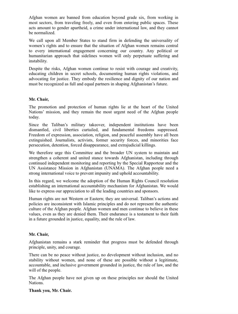 AFGMissionUN's tweet image. At #UNGA80’s 3rd Committee, Afghanistan reaffirmed that the plight of the Afghan people remains one of the world’s most urgent human rights crises.

🗣️ “There can be no peace without justice, no development without inclusion, and no stability without women.” — H.E. Naseer A.…