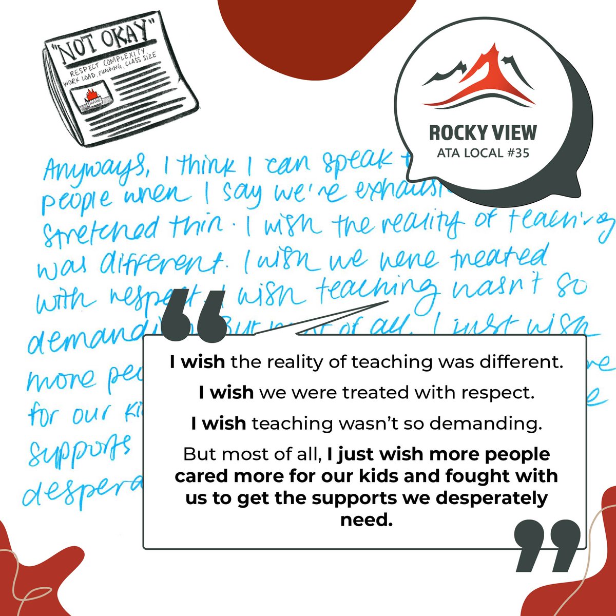 rvata35's tweet photo. Public education is NOT OKAY.
We ask you to reflect, recognize the emotional toll, and take a stand for the future of public education.
📢 Share our messages.
📚 Get informed.
✊ Advocate fiercely.
Support public education. Support our future.
#Red4EdAB #AlbertaTeachers https://t.co/N54Z5mdXUf