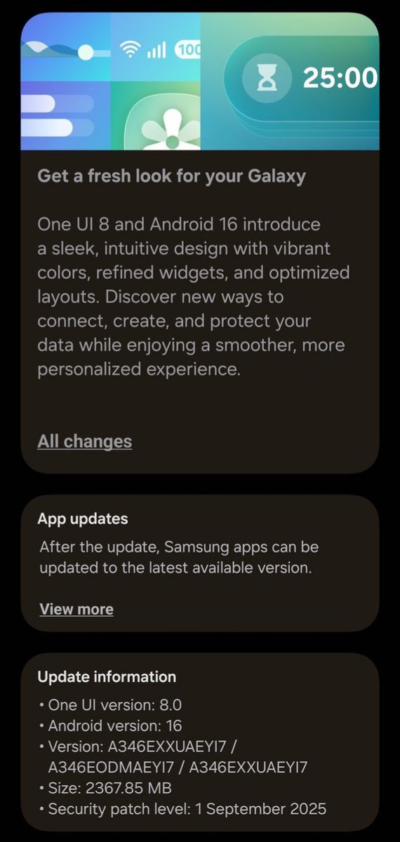 TechActivist666's tweet image. Samsung Galaxy A34 gets Android 16 based OneUI 8.0 Stable Update 

🔥Available : INDIA 🇮🇳 🇮🇳 🇮🇳

• Version : A346EXXUAEYI7
• Size : 2367.85 MB
• SPL : 1 September 2025

#OneUI8
#Android16
#GalaxyA34