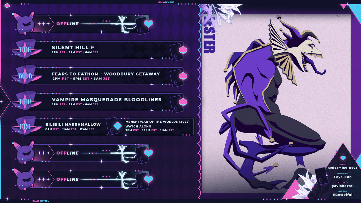 🧛‍♀️NEW SCHEDULE!🦇

💣some scary ones... especially that watch along👽

🔴Live: #BettelBeThere 
🎨Art: #Bettelful 
📢Meme: #BettelCallLol 
👔Assets: #BettelGear 
🤡Fans: #Bettelion 
🎞️Clip: #ABettelProduction