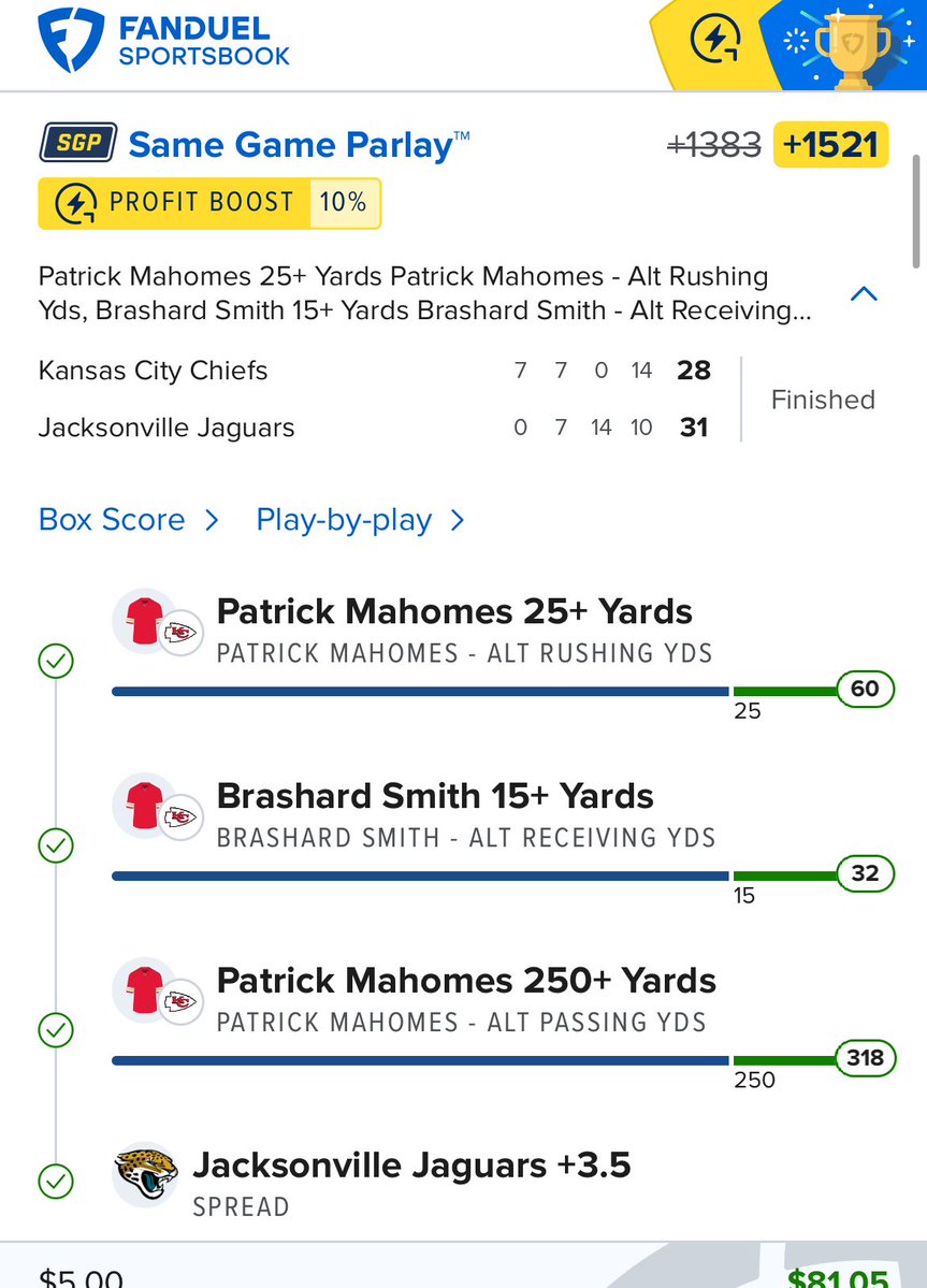 We discussed some of these bets on show today, especially Bashard Smith receiving and pushing his line to 15 or more.

Great night for Fanspeak Degen Substack! Hit official bet &amp; SGP we posted in Discord pregame!

✅ Mahomes 260+ passing 

✅Anticorrelated SGP we put in Discord!