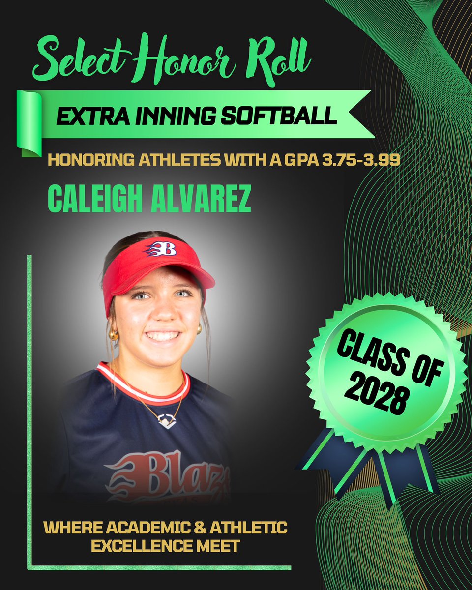 Hard work on and off the field pays off. Honored to be named to the Extra Inning Softball Select Honor Roll for maintaining a 3.75–3.99 GPA! <a href="/jbssports/">Coach JB Slimp</a> <a href="/BlazeFastpitch/">Texas Blaze</a> <a href="/BlazeAcademy16u/">Blaze Academy 16u</a> <a href="/coachjose_flo4/">Jose Flores</a> <a href="/Puente4Don/">Don Puente</a> <a href="/harringtonf12/">Felicia M Harrington</a> <a href="/ExtraInningSB/">EXTRA INNING SOFTBALL</a> <a href="/SoftbalAmerica/">Softball America</a> <a href="/SoftballDown/">Down South Softball</a>