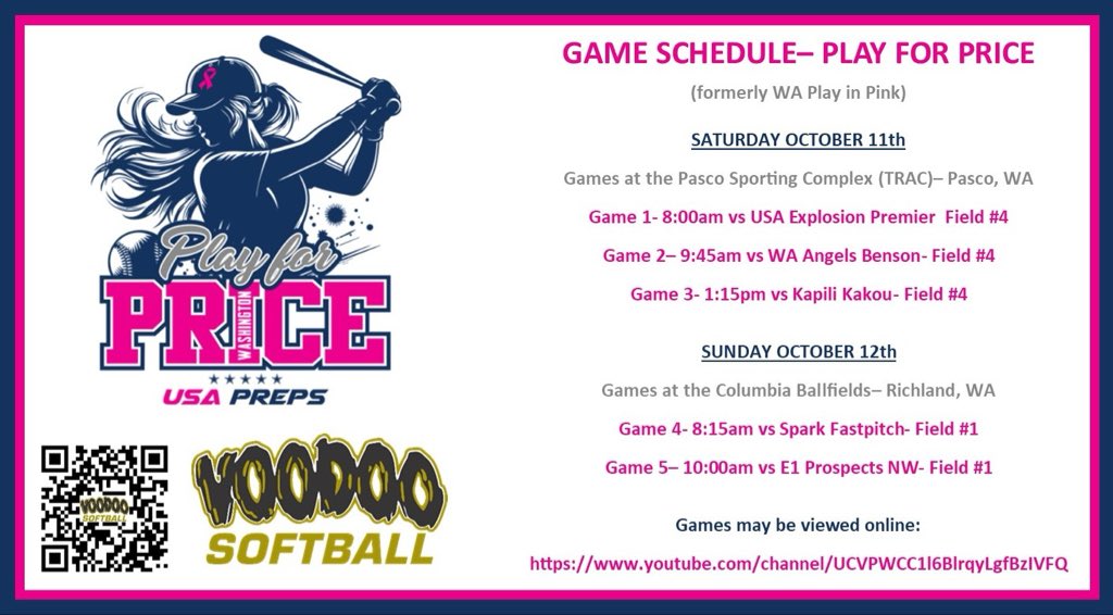 This coming weekend we get our pink on in Tricities. Here is the schedule for the Play for Price tournament (formerly Play in Pink).