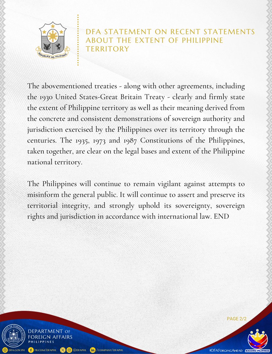 READ #DFAStatement: DFA Statement on Recent Statements about the Extent of Philippine Territory

Also found in this link 👉🏻 tinyurl.com/5y7u58ja
#DFAForgingAhead
<a href="/SecLazaro/">Ma. Theresa P. Lazaro</a>