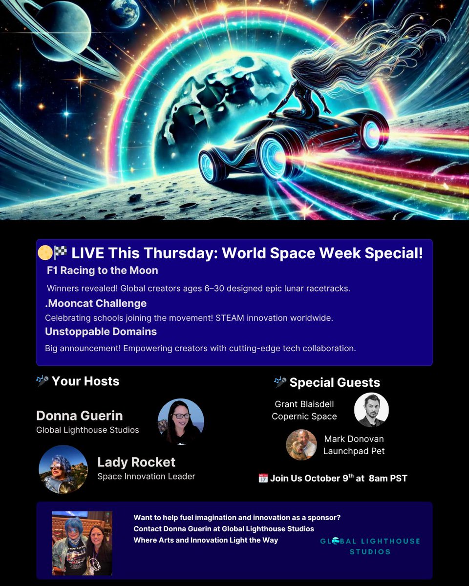 Join
<a href="/dlguerin1/">Donna Guerin</a> founder of <a href="/GlobalLighthou3/">Global Lighthouse Studios</a>
&amp; <a href="/LadyRocketSpace/">Lady Rocket</a> as we announce the winners of the "Racing to the Moon Summer Building Challenge  Plus a sneak peek at our next mission: the .Mooncat Challenge with <a href="/unstoppableweb/">Unstoppable Domains</a> <a href="/CopernicSpace/">👨‍🚀Copernic Space🚀</a>
<a href="/WaltzinPeacock/">WaltzinPeacock (Marcella Hoff)</a>