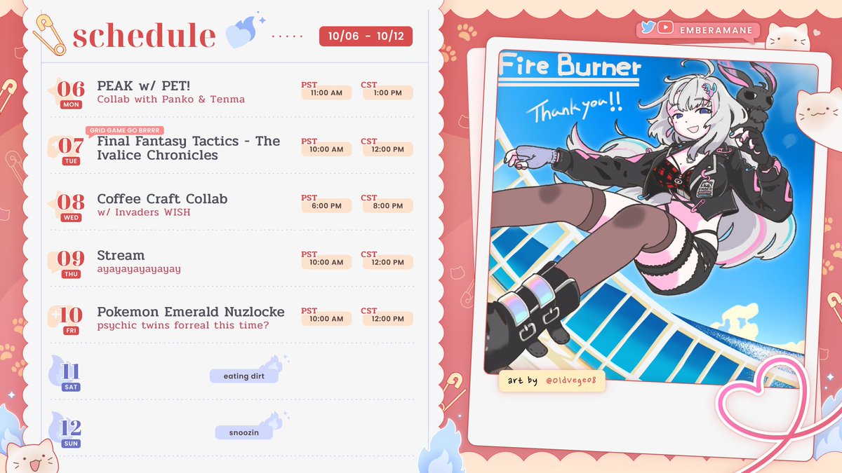 EmberAmane's tweet image. ❤️🔥🐈⬛〖Schedule〗10.06 - 10.12
skibidadoo scheduleeeeee
love pokemon
love grid game
simple as
📺youtube.com/@emberamane
✧ General: #EmberAmane
✧ Clips: #EmberClips
✧ Art/NSFW: #EmberDoodle / #Emberotica
✧ Memes: #Emburgered