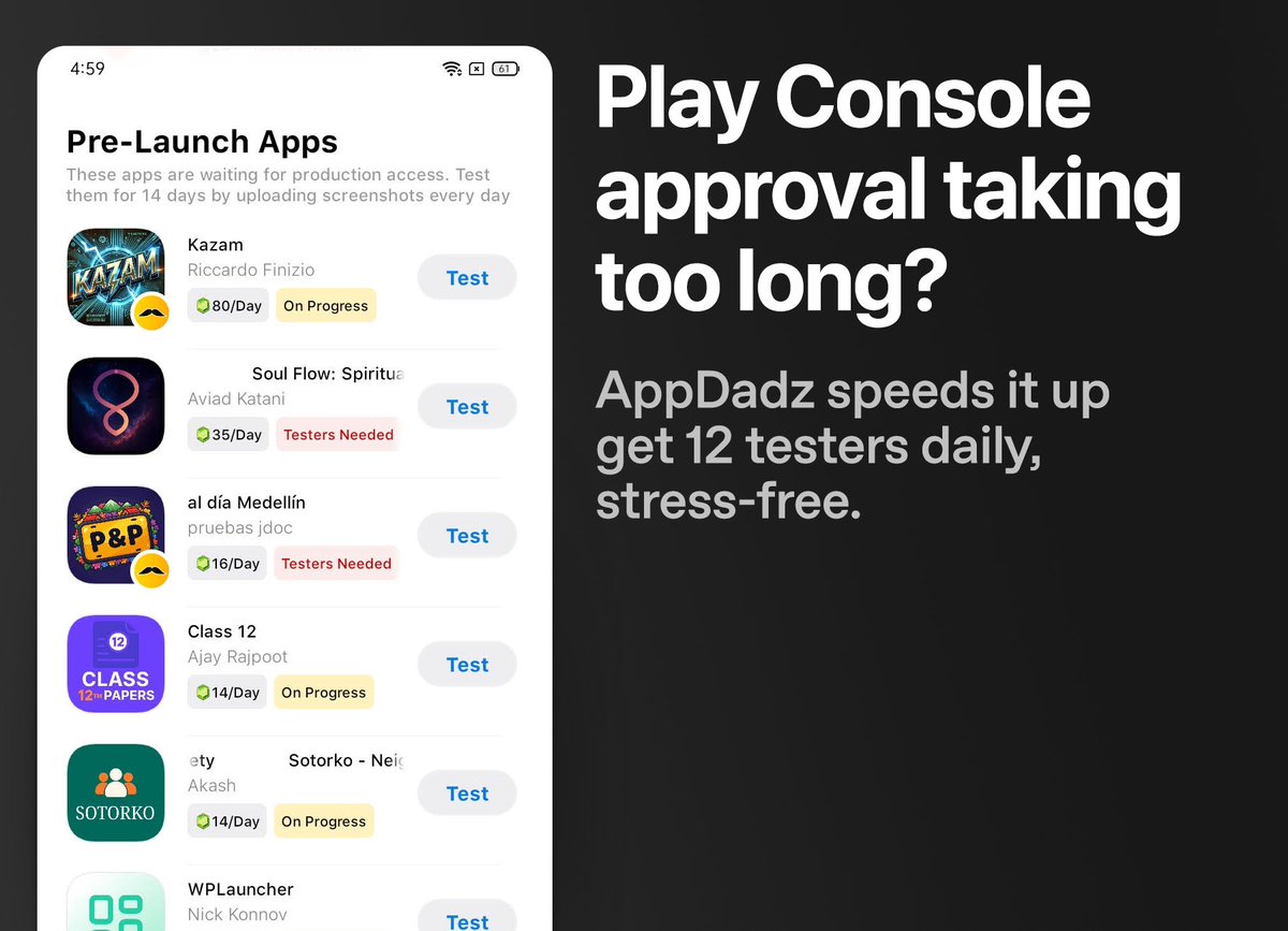 BoltUix's tweet image. Struggling to reach 12 testers? 12 Testers - 14 Days Free Solution
play.google.com/store/apps/det…
#AppTesting #AndroidDev #IndieDev #MobileDevelopers #BetaTesting #AppFeedback #AppGrowth #StartupTools #RealTesters #AppDadz #TestMyApp