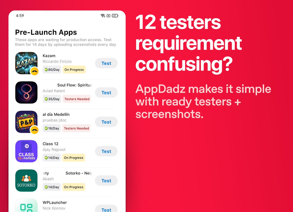 BoltUix's tweet image. Struggling to reach 12 testers? 12 Testers - 14 Days Free Solution
play.google.com/store/apps/det…
#AppTesting #AndroidDev #IndieDev #MobileDevelopers #BetaTesting #AppFeedback #AppGrowth #StartupTools #RealTesters #AppDadz #TestMyApp