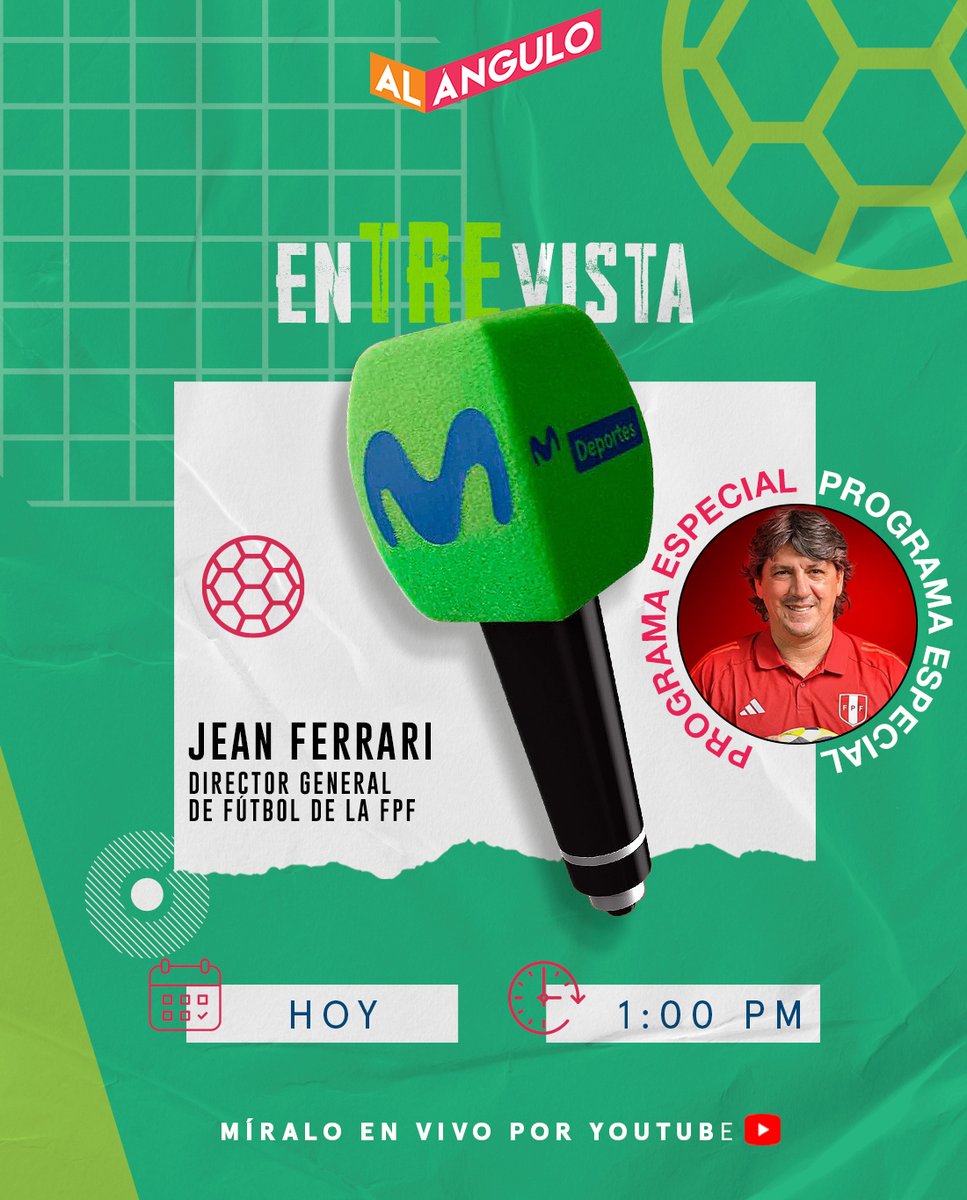 ¡𝐏𝐫𝐨𝐠𝐫𝐚𝐦𝐚 𝐞𝐧 𝐡𝐨𝐫𝐚𝐫𝐢𝐨 𝐞𝐬𝐩𝐞𝐜𝐢𝐚𝐥! 👏🎙️

Jean Ferrari, Director General de Fútbol de la FPF, estará #ENVIVO hoy martes desde la 1:00 p.m.  en un programa especial de #AlÁngulo. Una conversación a fondo sobre el presente del fútbol peruano, los desafíos de la