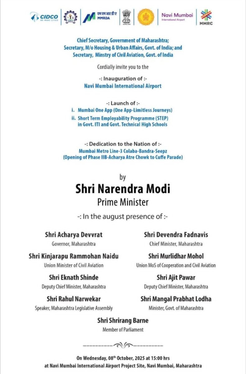 Maha7Arindam's tweet image. It&apos;s official. NMIA and Metro line 3 will be inaugurated tomorrow. 

Line 3 will open for the public day after tomorrow. 

Mumbai One will also be launched in the same event.