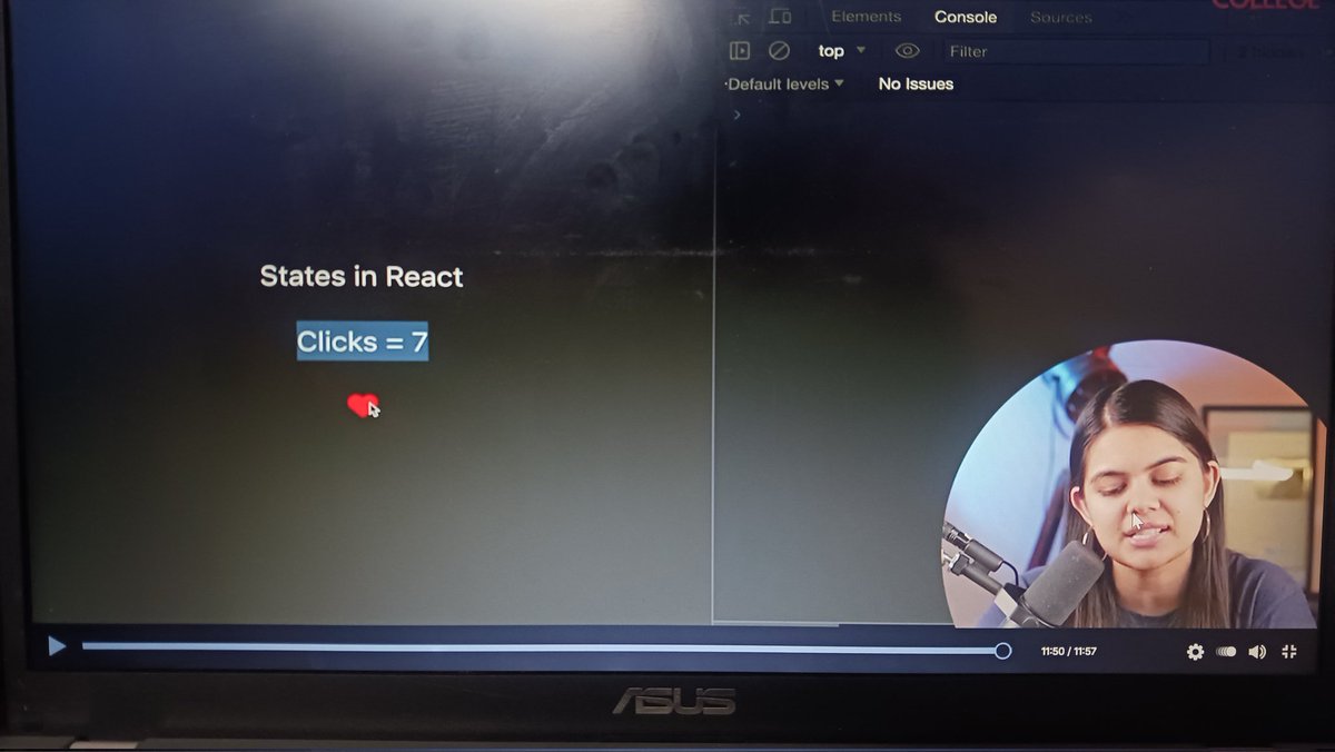 KomalPachouri1's tweet image. Day 90 of Sigma8.0 🚀
Today in React ⚛️ I learned:
🔹 State in React
🔹 Hooks & useState()
🔹 Created a Like Button ❤️
🔹 Closures in JavaScript
Step by step, learning React one concept at a time ⚡
#Sigma8_0 #ReactJS #JavaScript #100DaysOfCode @ApnacollegeX @ShradhaKhapra_