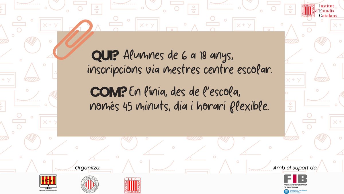 🦫 Falta poc més d’un mes per a l’#OlimpíadaBebras 2025!

Del 10 al 14 de novembre, alumnes de primària, ESO i batxillerat posaran a prova el seu pensament computacional. 💡

👩‍🏫 Inscripcions docents obertes fins al 15/10.
👉 bebras.olimpiada-informatica.cat

#Matemàtiques #SCM