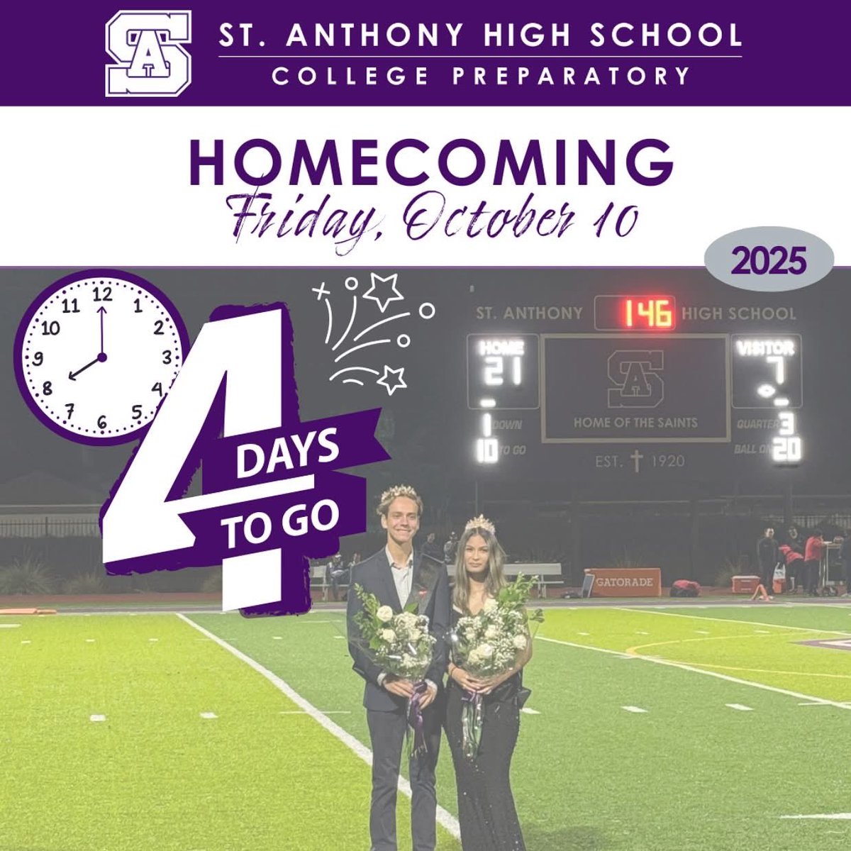 Let the Homecoming countdown begin! 4 days till Homecoming, get your tickets now!💜