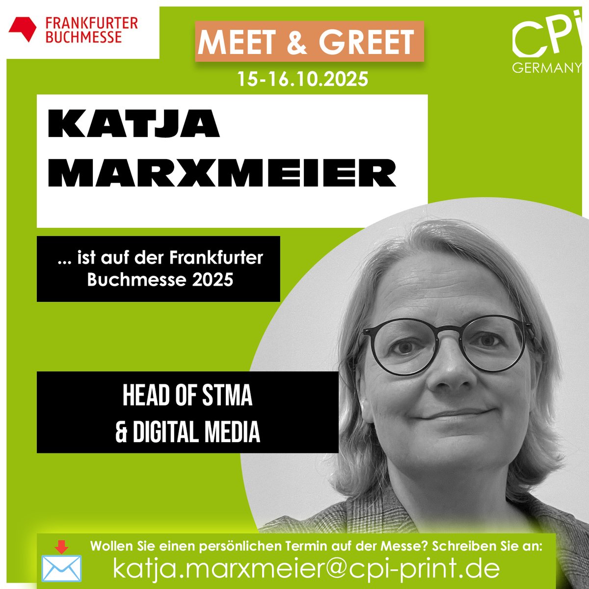 CPIGroup_'s tweet photo. 📚 Katja Marxmeier, Head of STMA &amp; Digital Media bei CPI Germany, ist auf der Frankfurter Buchmesse 2025!

👉 Vereinbaren Sie direkt einen Termin: katja.marxmeier@cpi-print.de
#FBM25 #FrankfurterBuchmesse #CPI #Publishing #DigitalMedia #Verlage https://t.co/3cAaQw31o0