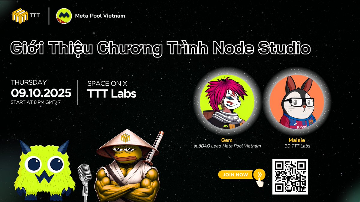 ttt_lab's tweet image. 📢 AMA: Giới Thiệu Về Chương Trình Node Studio Trên Metapool 

Thông tin AMA:
🗓 Thời gian: 20h00 (UTC+7), Thứ 5 | 09/10/2025
📍Địa điểm: AMA tại X @ttt_lab
 
Gm gm! @meta_pool là một hệ sinh thái staking thanh khoản hoạt động trên nhiều blockchain, cho phép người…