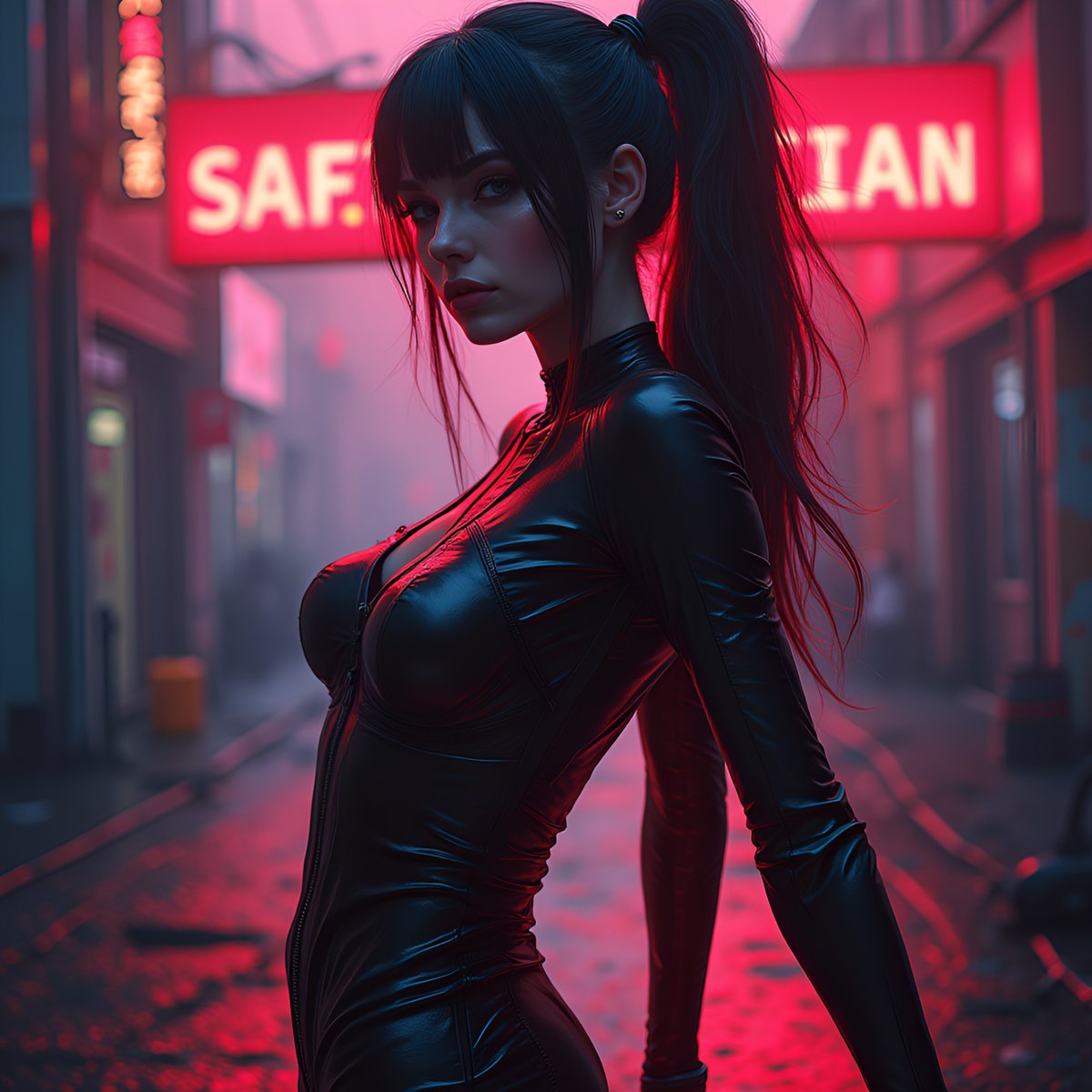 PromptSin's tweet image. Embrace the night in style—dare to stand out! ✨🌙 Explore your edgy side now! #CyberVibes #Nightlife