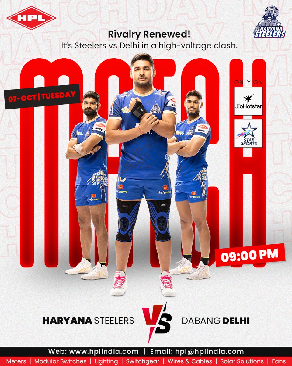 HPL_Official's tweet image. ⚡ Match Day Alert! ⚡
📅 07-Oct | Tue | Haryana Steelers 🆚 Dabang Delhi | 9:00 PM
Rivalry renewed in a high-voltage clash! Don’t miss the action – live on JioHotstar &amp;amp; Star Sports.
#ProKabaddi #HaryanaSteelers #DabangDelhi #KabaddiFever #SportsLive