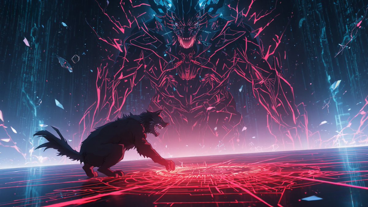 KDOGcoin_'s tweet photo. The hero dog discovers a pattern! After each attack, the Guardian has a 0.1-second window of vulnerability. Now’s the moment! The hero dog transforms into a bolt of lightning, slipping precisely through the flaw. The Guardian lets out an unwilling roar before collapsing. A crack opens in the path to the Abyss.