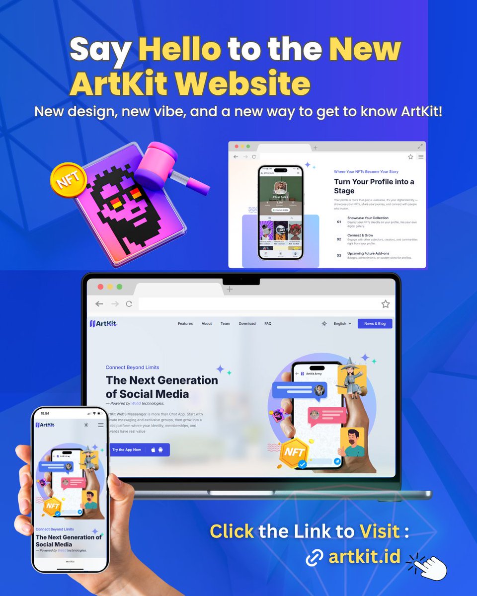 ✨ We’ve just redesigned artkit.id
!
Now faster, cleaner, and built for creators. 

Explore the new ArtKit Web3 Messenger —
where creativity meets technology and community.
Visit now: artkit.id 

#ArtKit #Web3Messenger #NFT #Web3Community