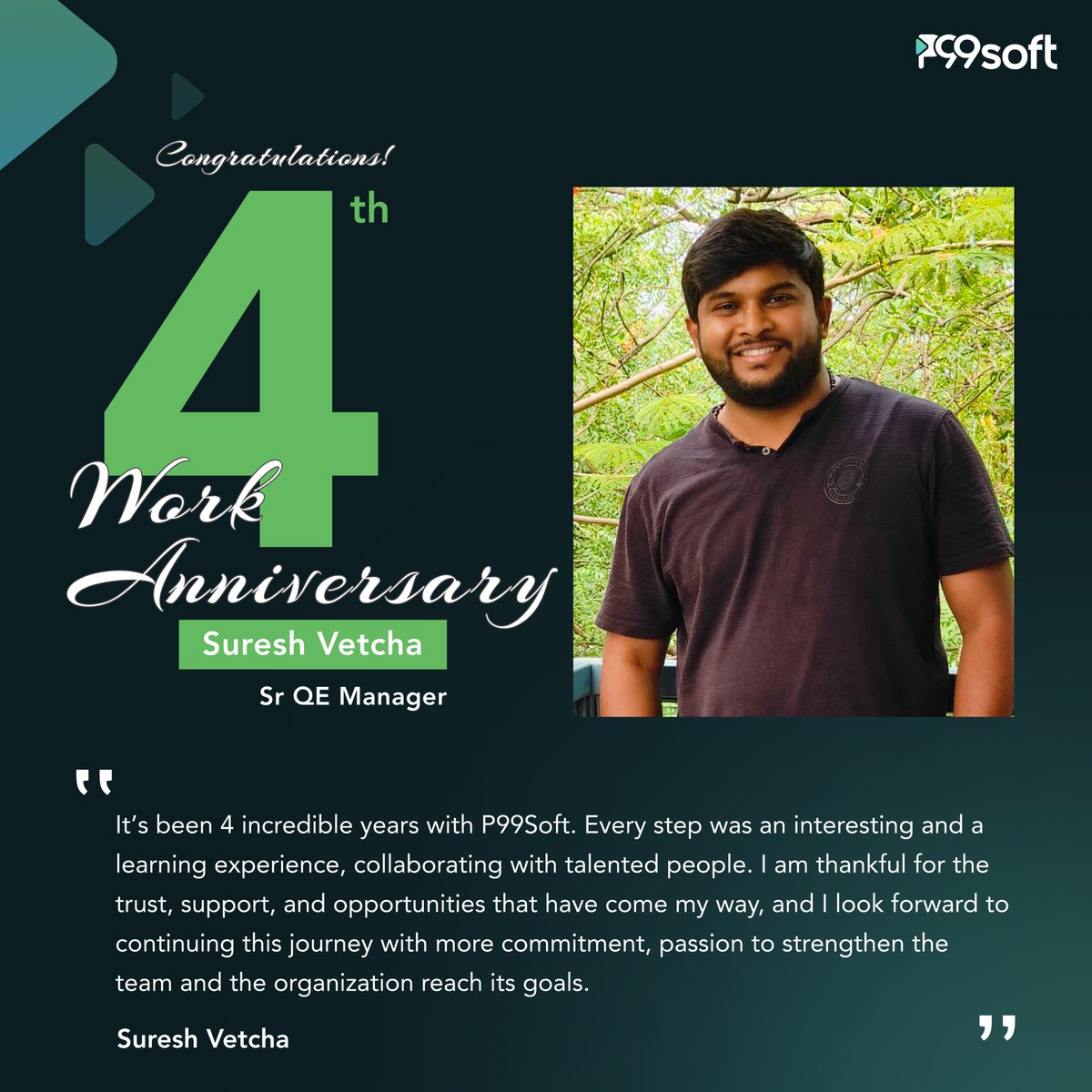 P99soft_Pvt_Ltd's tweet image. Congratulations Suresh Vetcha, on completing 4 amazing years with #P99Soft!
Your dedication, teamwork, and passion inspire us every day.
Here’s to more milestones and success ahead! 

#p99soft #workanniversary #congratulations #teamgrowth #successjourney #dedication