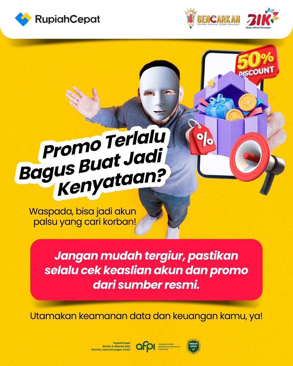 Diskon besar, promo heboh, hadiah bombastis... eh, tapi beneran asli gak ya? 

Jangan langsung tergiur yaa Sobat RupiahCepat, bisa jadi itu jebakan akun palsu!